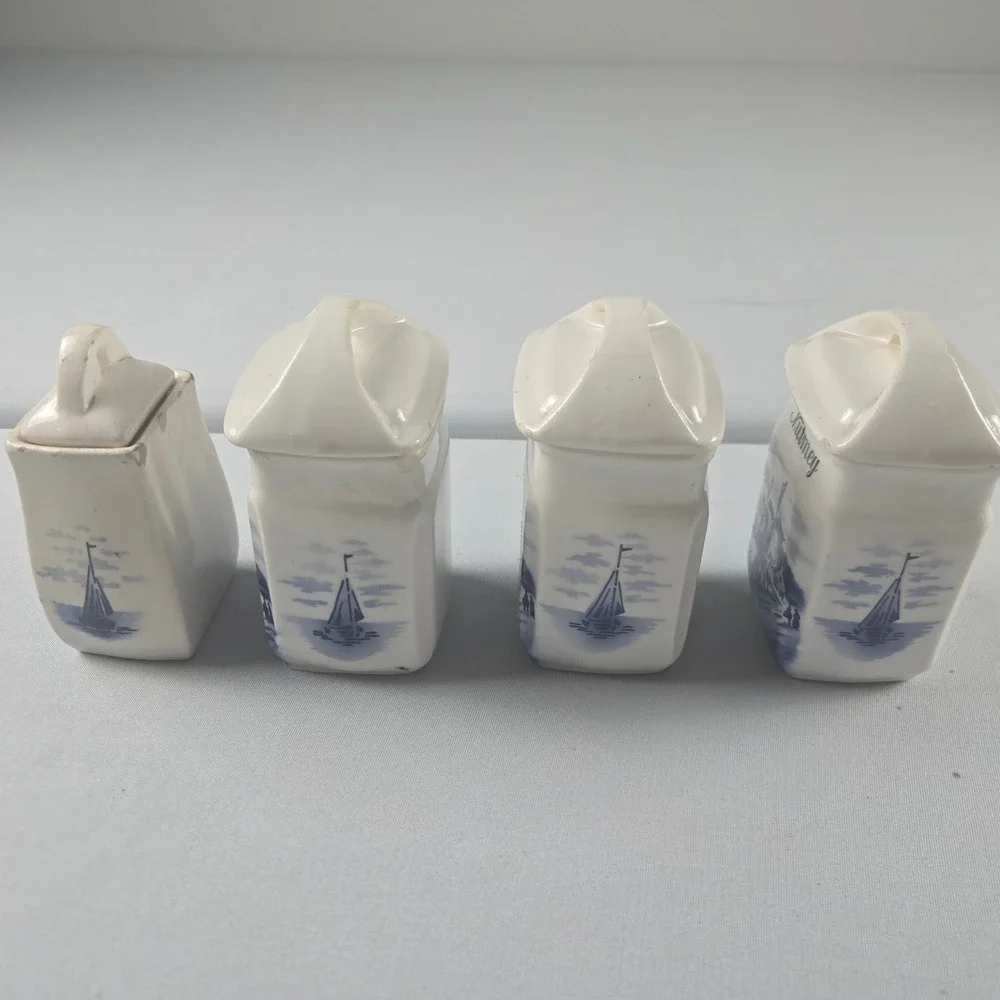 Vintage Delft Blue Dutch Windmill 4 Spice Jars Ginger Pepper Nutmeg Cinnamon